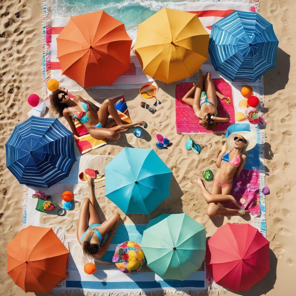 A sun-kissed beach scene featuring a diverse group of stylish individuals in trendy thong swimsuits, lounging on colorful beach towels with umbrellas. Vibrant beach accessories like sunglasses, hats, and beach balls scatter around while the azure ocean sparkles in the background. Incorporate elements of fashion magazines in the sand for added style. super-realistic. vibrant colors. tropical background.