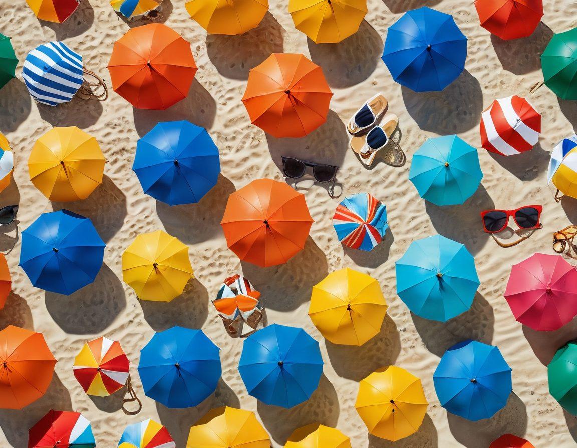 A vibrant beach scene showcasing a diverse group of models wearing various trendy beachwear, including high-cut bikinis and seamless styles. The setting features golden sands, bright blue waves, and colorful beach umbrellas, capturing the essence of summer. Include playful beach accessories like sunglasses, hats, and beach balls for added flair. The atmosphere radiates joy and confidence. bright colors. super-realistic.